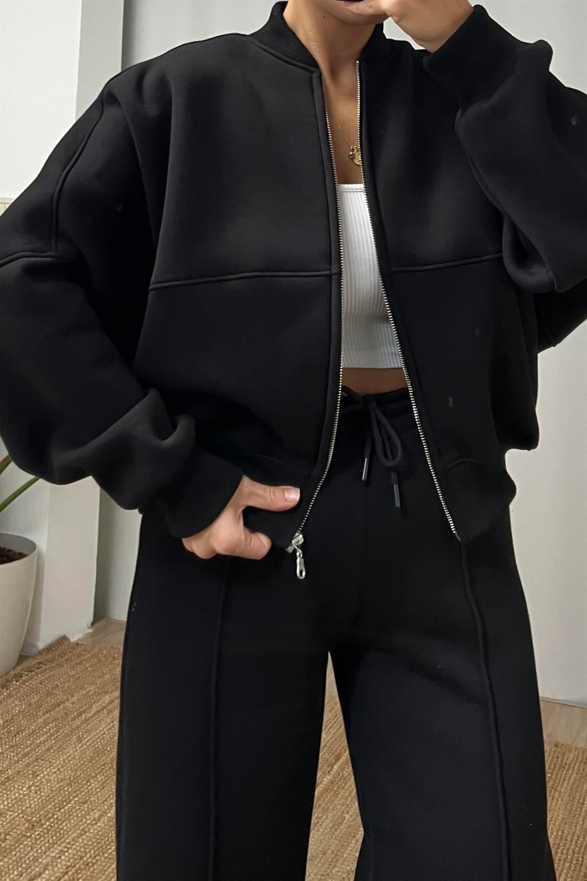 Siyah Fermuarlı Bomber Sweatshirt  uygun fiyatlarda www.butikhola.com adresinde