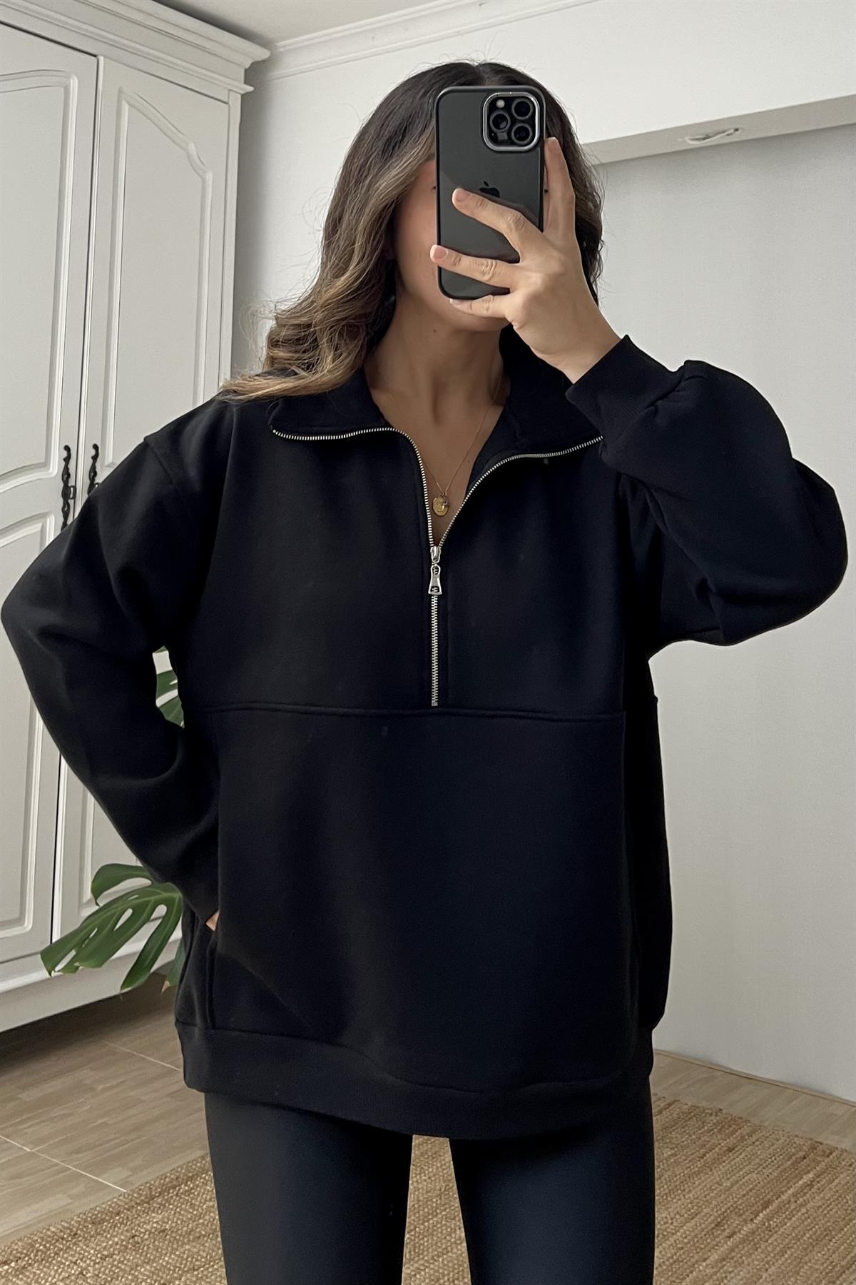 Siyah Fermuarlı Kanguru Cep Sweatshirt uygun fiyatlarda www.butikhola.com adresinde
