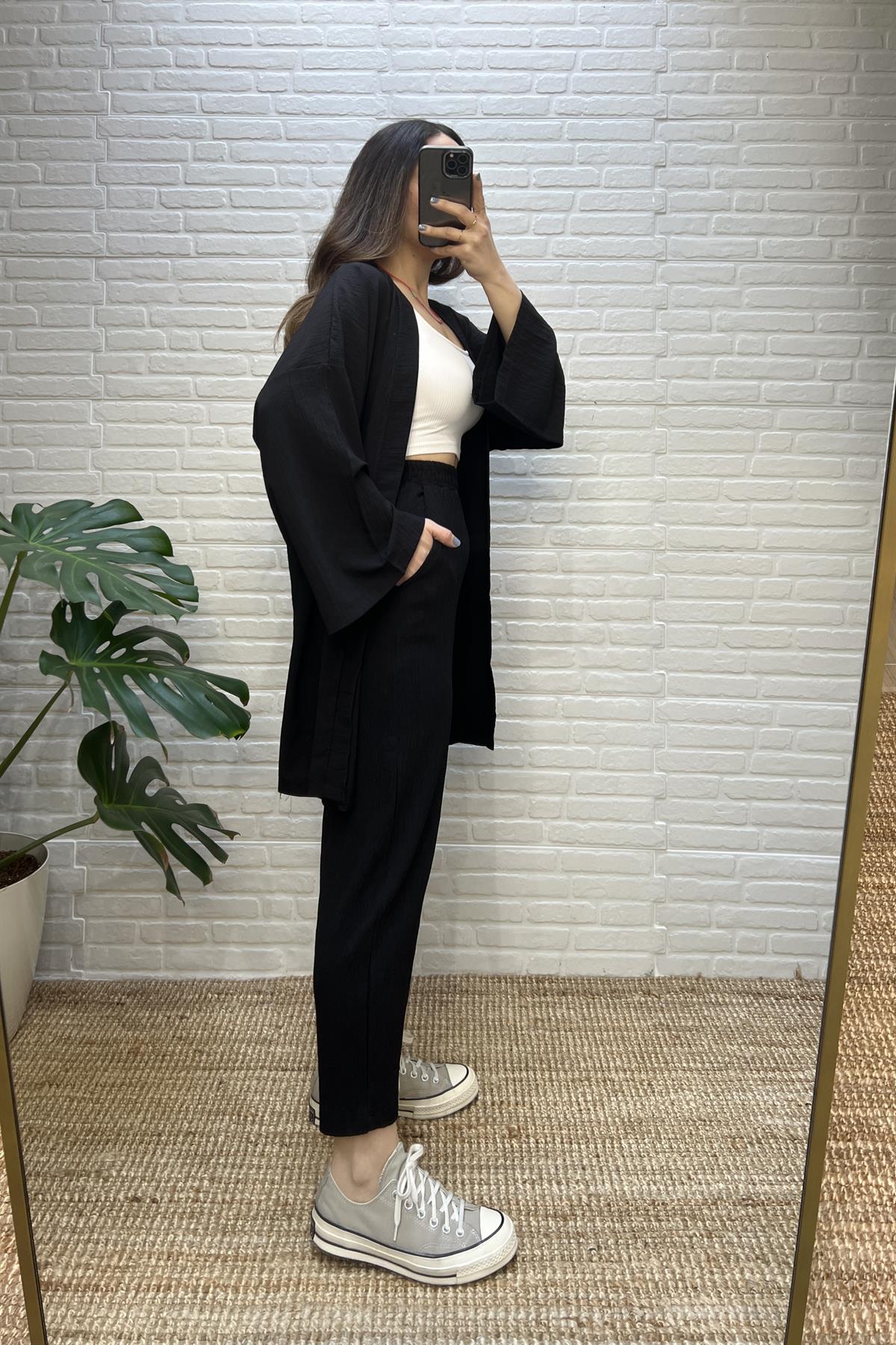 Siyah Gofre Kimono Pantolon Takım uygun fiyatlarda www.butikhola.com adresinde