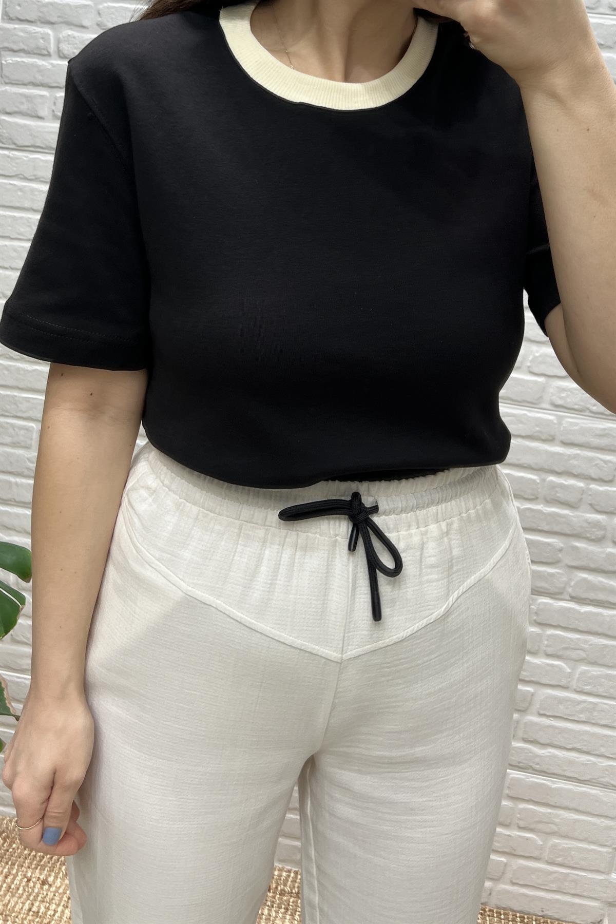 Siyah Kontrast Biyeli Tshirt uygun fiyatlarda www.butikhola.com adresinde