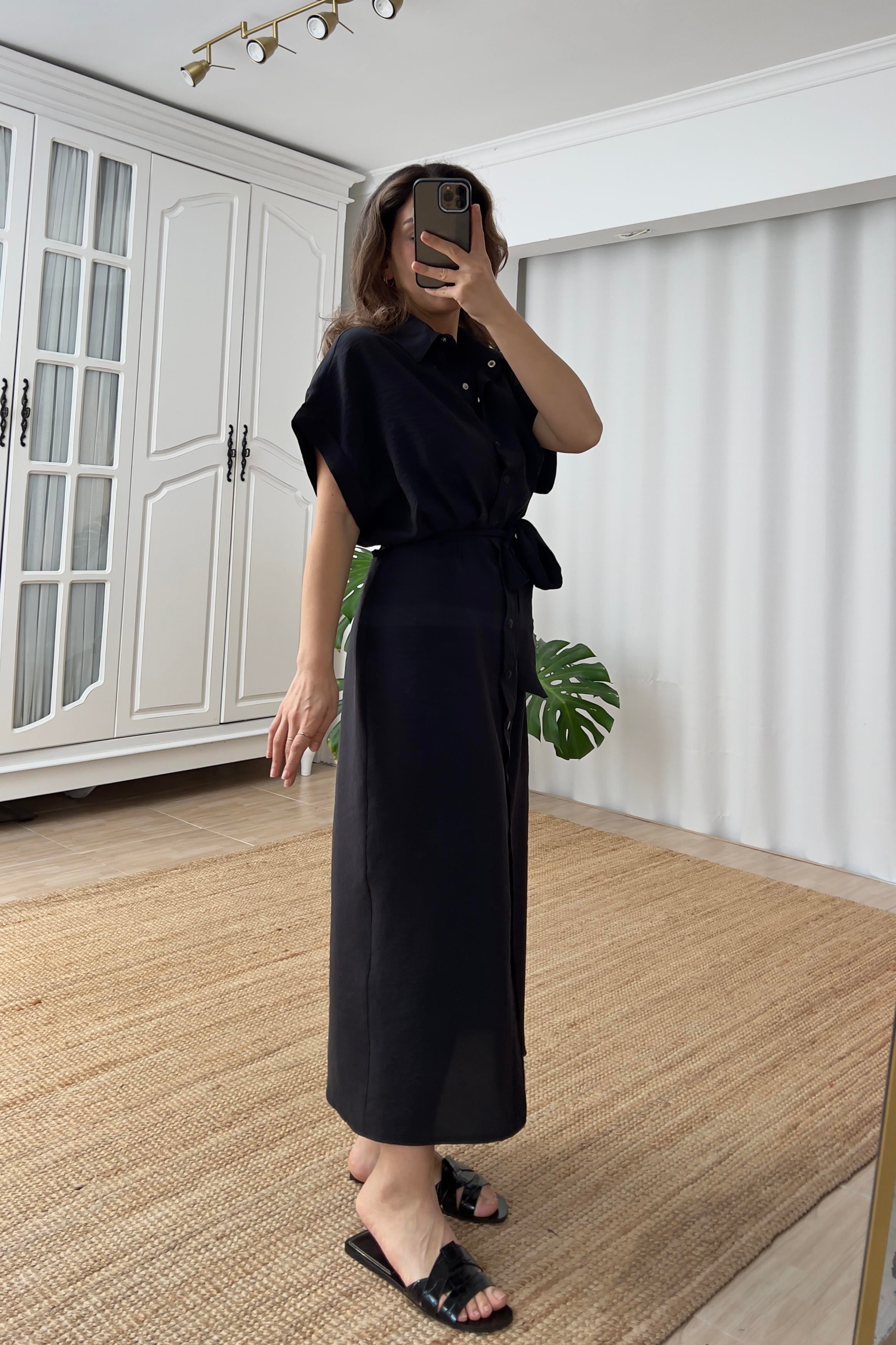 Siyah Kuşaklı Tensel Gömlek Elbise uygun fiyatlarda www.butikhola.com adresinde