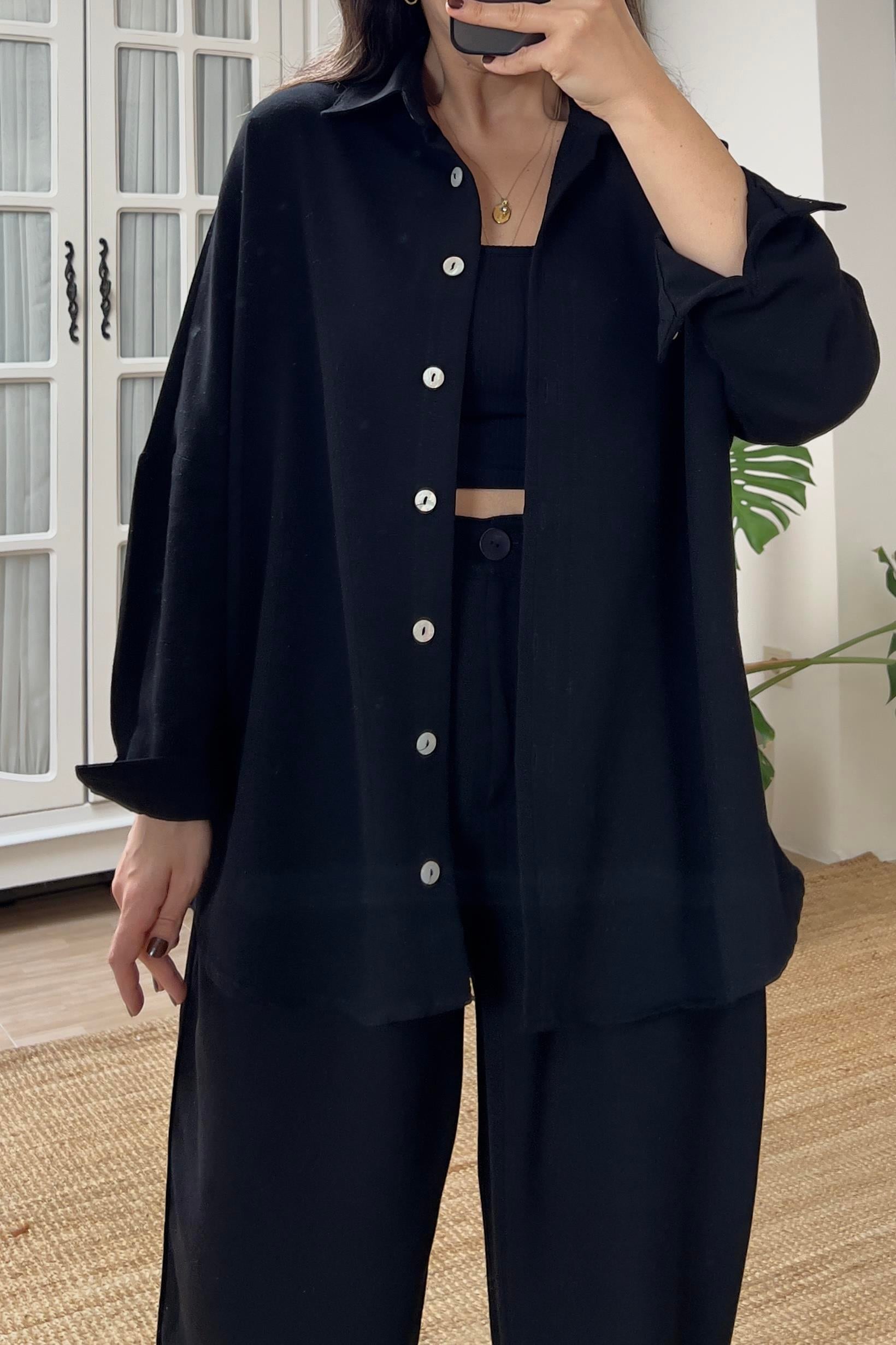 Siyah Oversize Keten Gömlek  uygun fiyatlarda www.butikhola.com adresinde