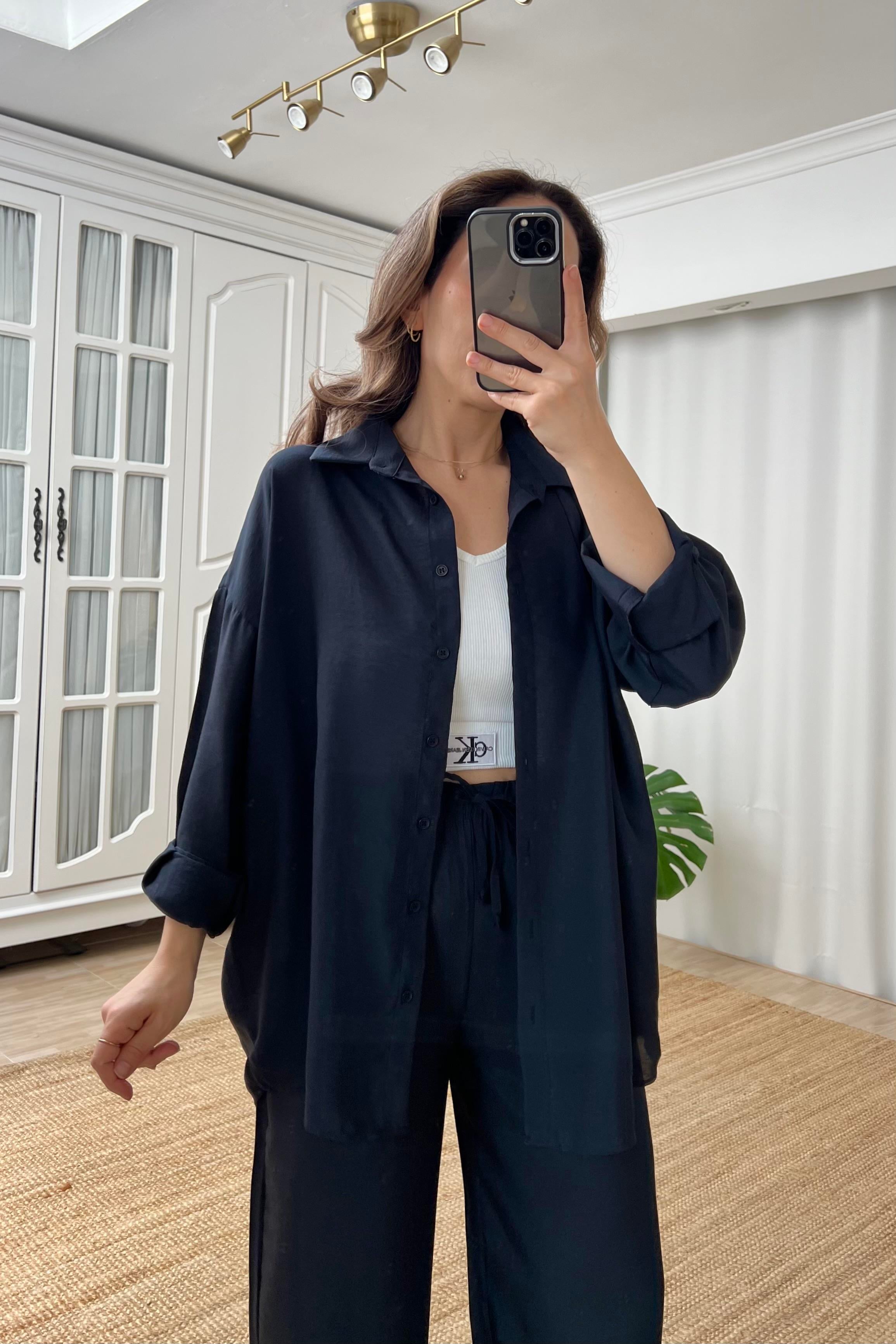Siyah Oversize Tensel Gömlek  uygun fiyatlarda www.butikhola.com adresinde