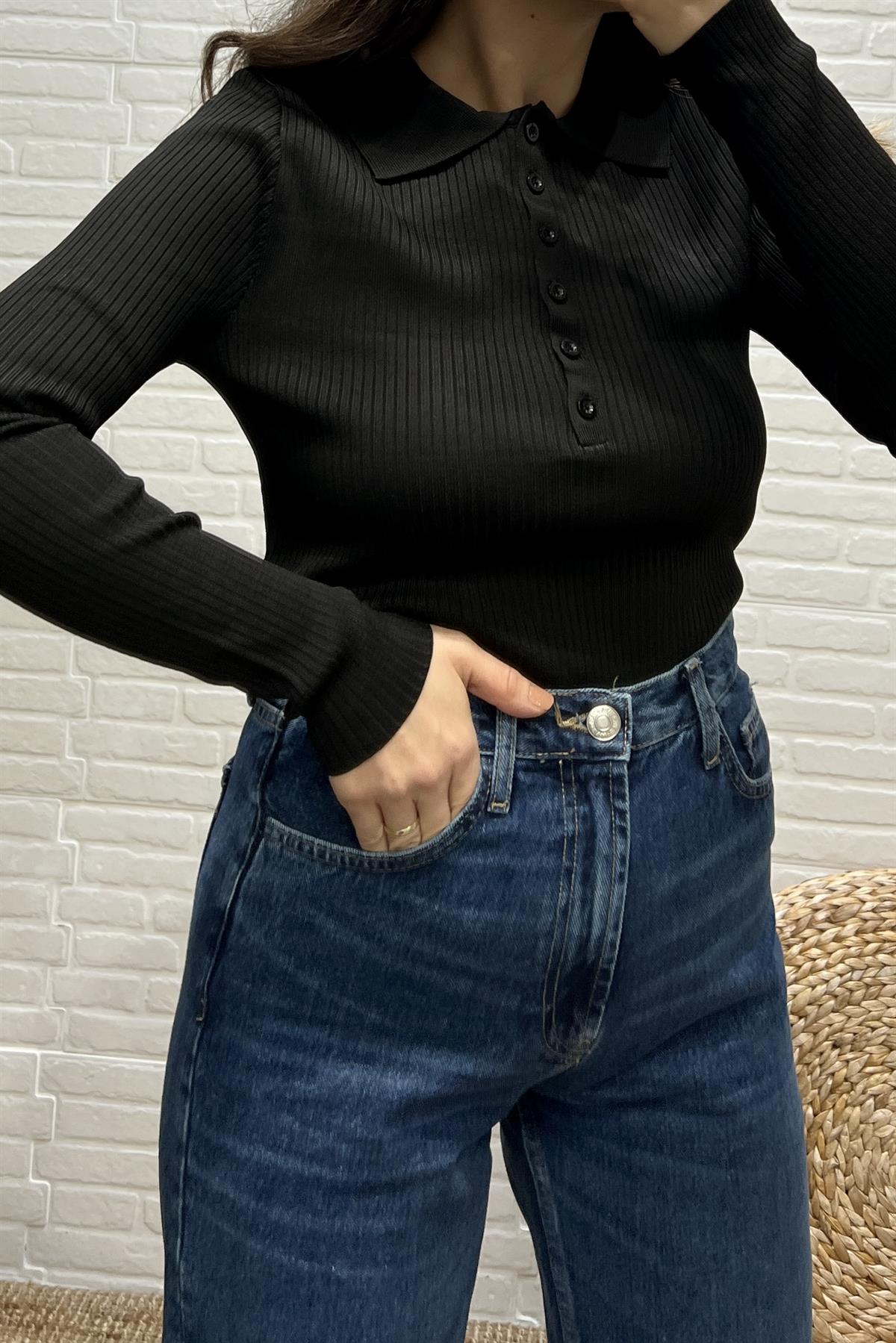 Siyah Polo Yaka Kendinden Fitilli Triko uygun fiyatlarda www.butikhola.com adresinde