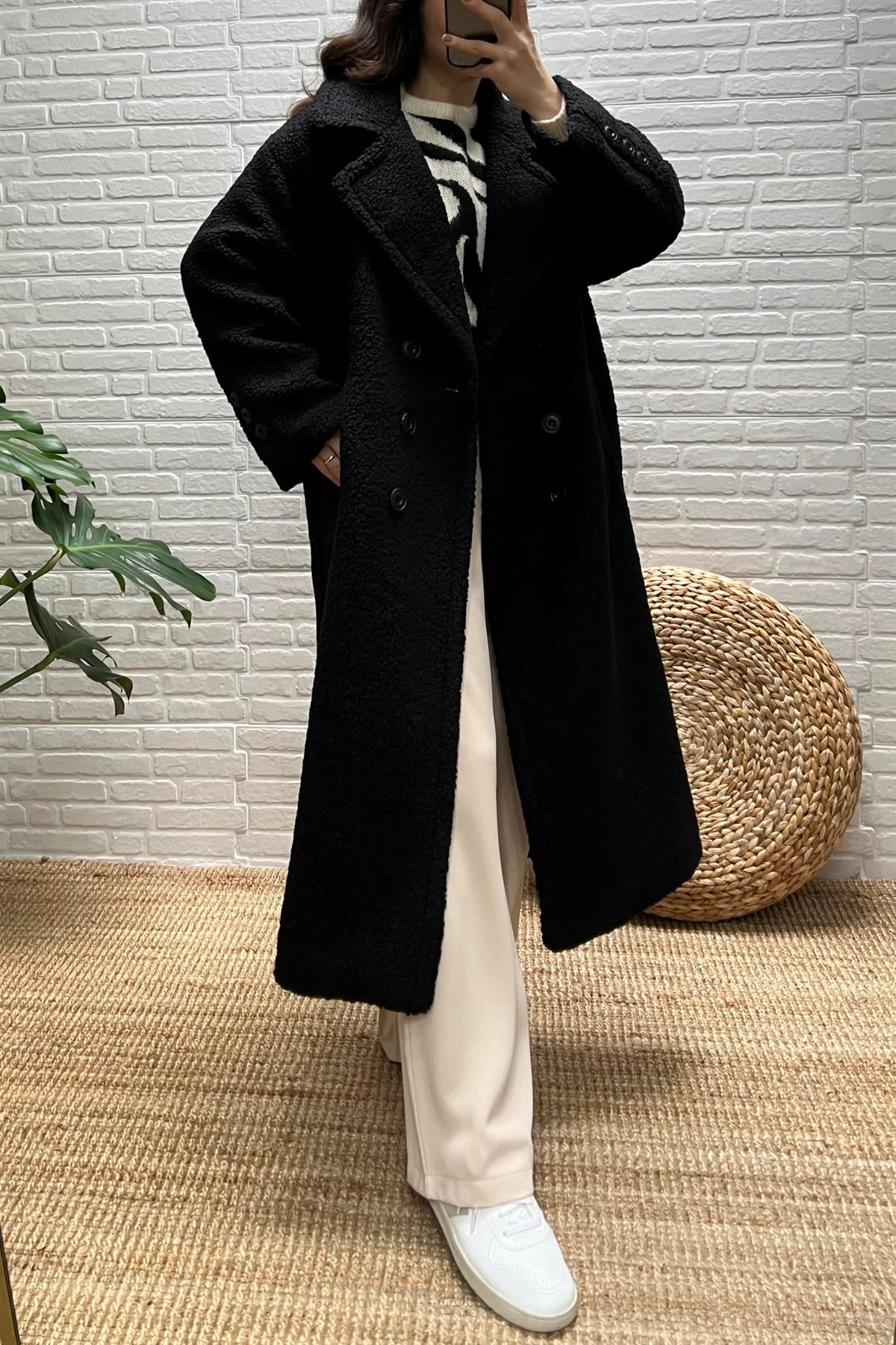 Siyah Premium Cepli Uzun Peluş Kaban uygun fiyatlarda www.butikhola.com adresinde