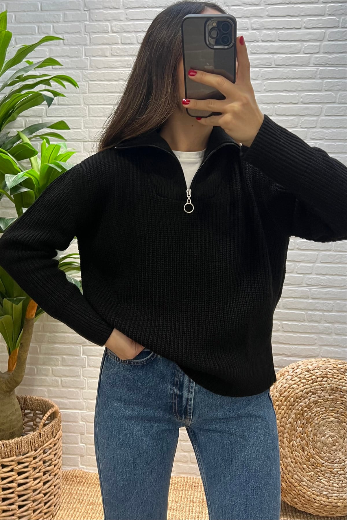 Siyah Yarım Fermuarlı Kazak uygun fiyatlarda www.butikhola.com adresinde