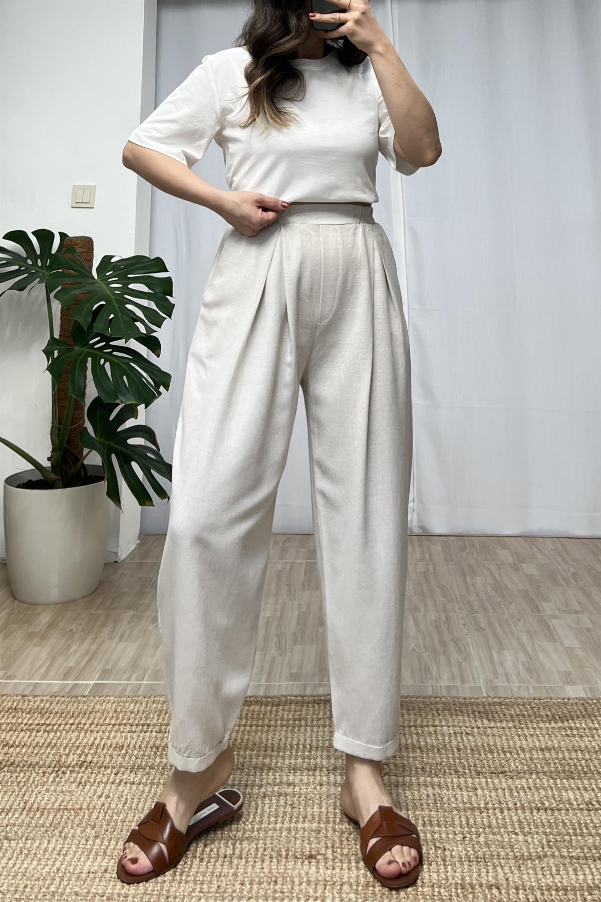 Taş Beli Lastikli Keten Şalvar Pantolon uygun fiyatlarda www.butikhola.com adresinde