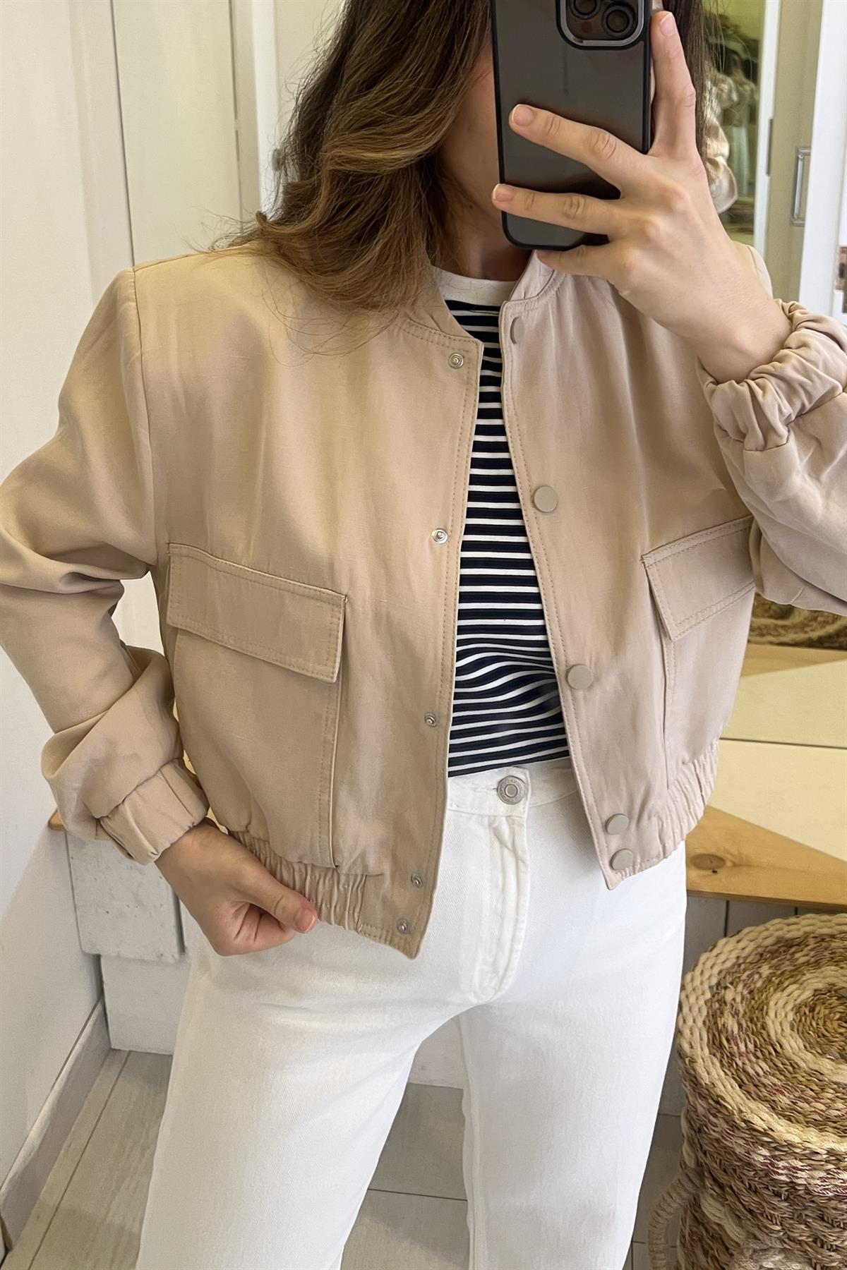 Taş Keten Dokulu Bomber Ceket uygun fiyatlarda www.butikhola.com adresinde