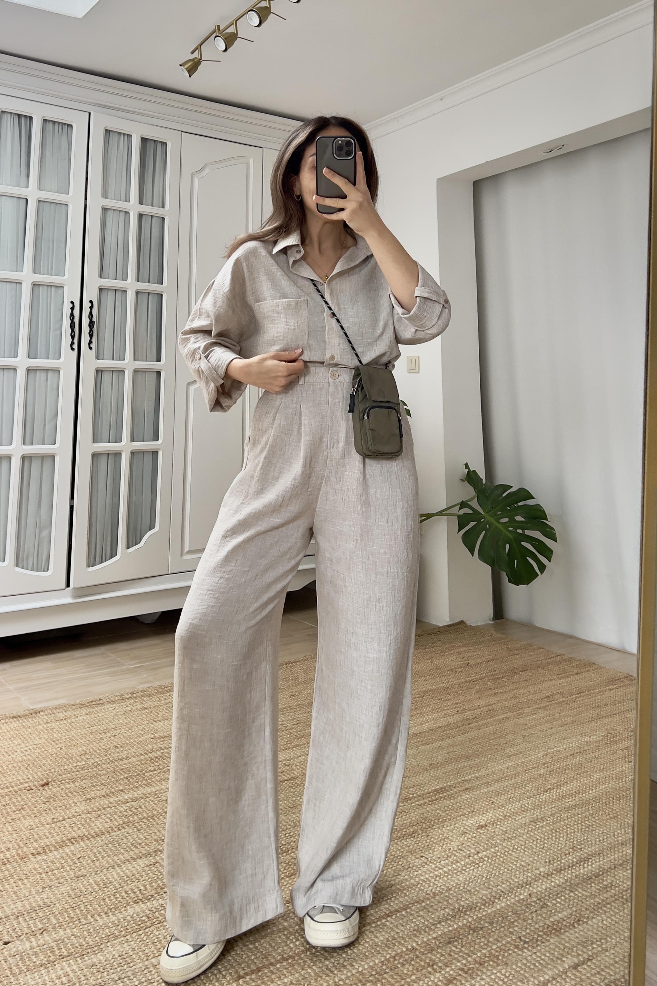 Taş Keten Dokulu Gömlek Pantolon Takım uygun fiyatlarda www.butikhola.com adresinde