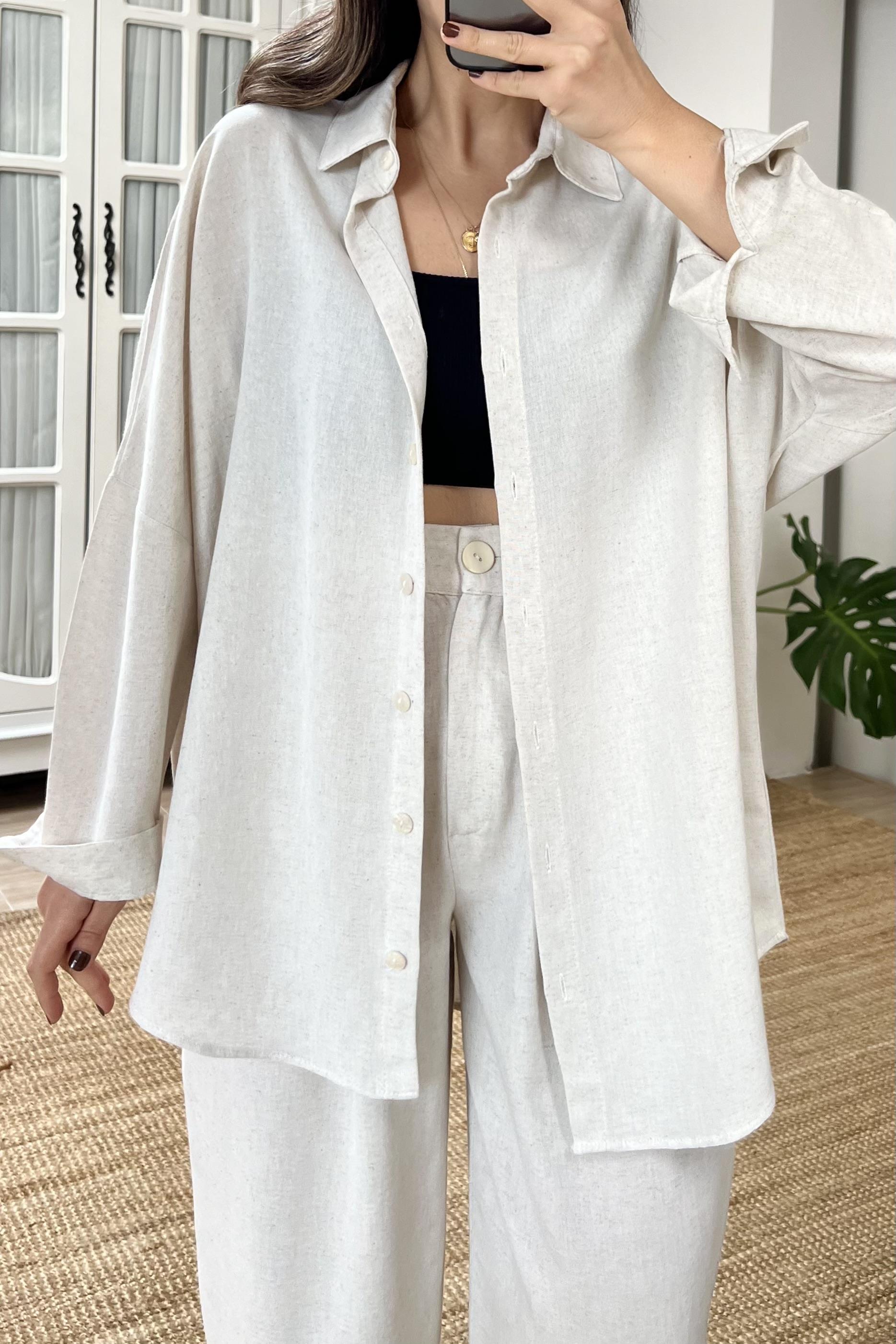 Taş Oversize Keten Gömlek  uygun fiyatlarda www.butikhola.com adresinde