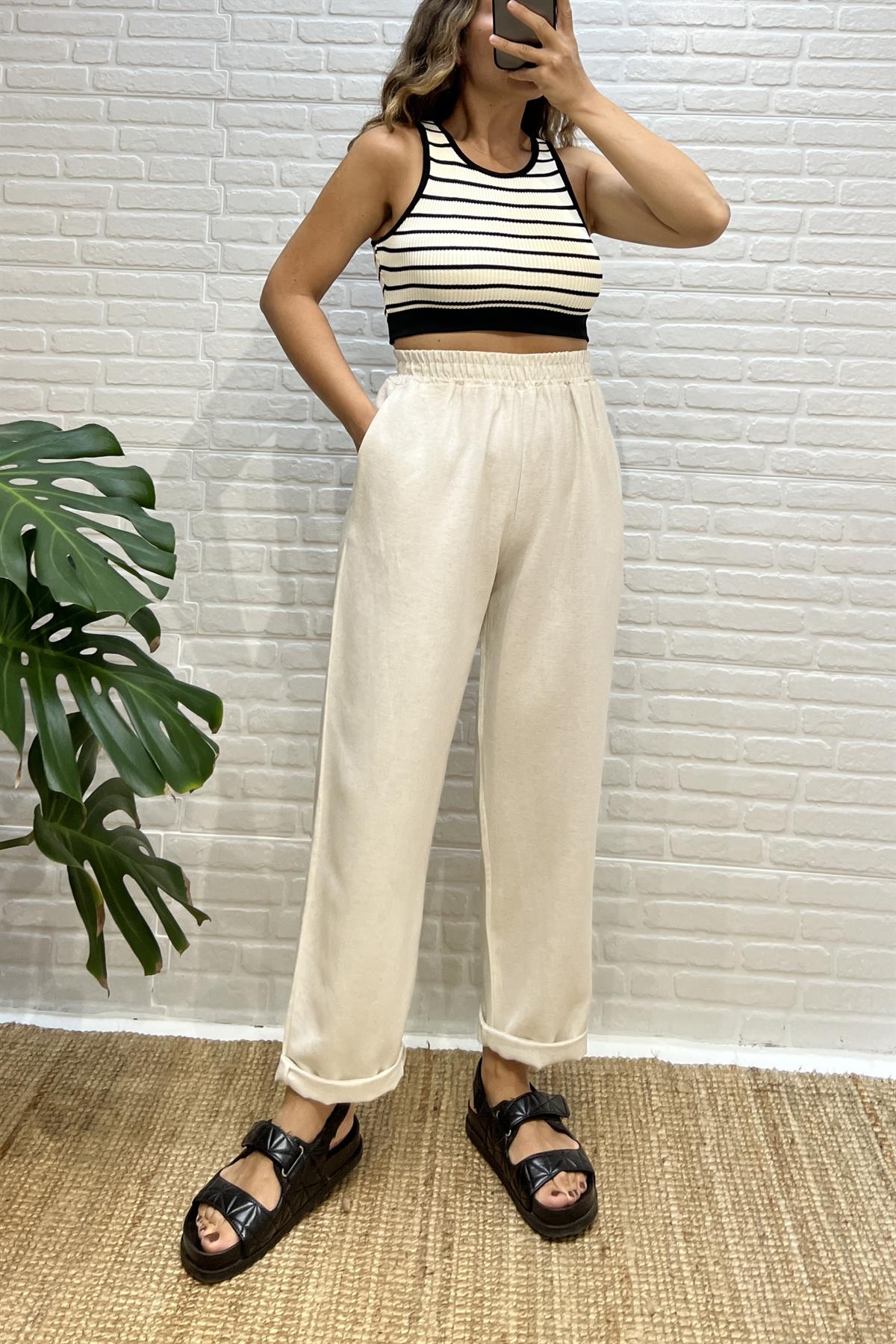 Taş Rengi Beli Lastikli Keten Pantolon uygun fiyatlarda www.butikhola.com adresinde