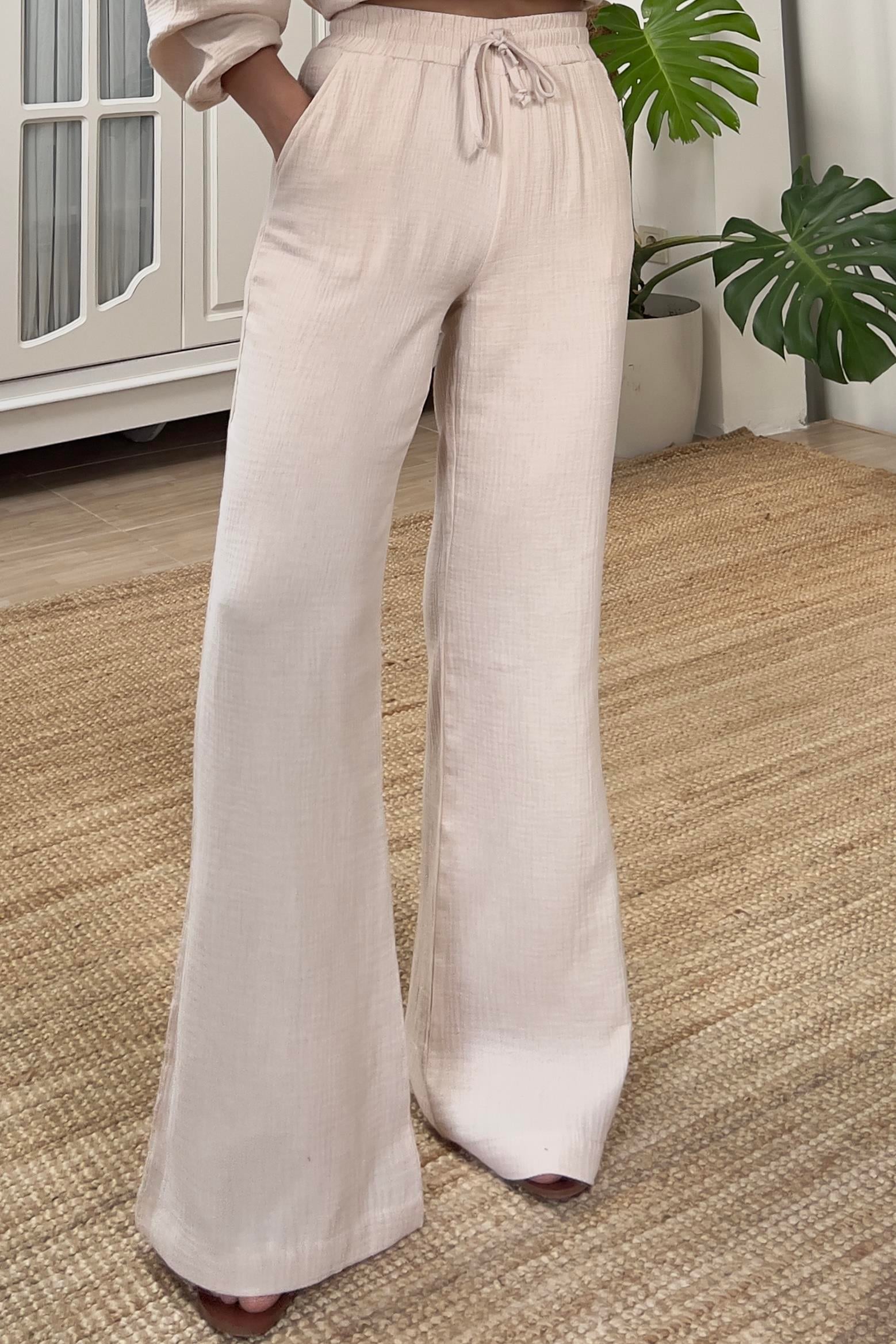 Taş Rengi Bol Paça Müslin Pantolon uygun fiyatlarda www.butikhola.com adresinde