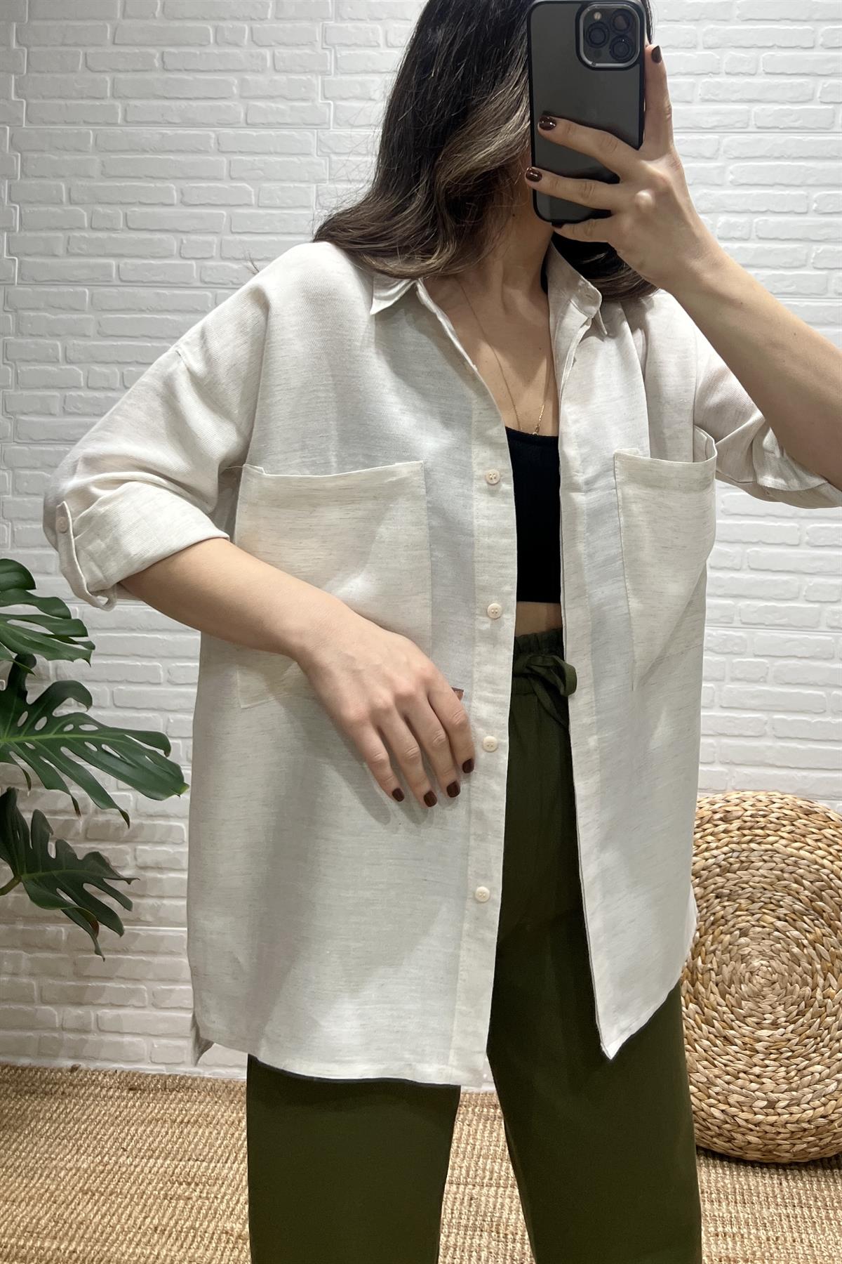 Taş Rengi Çift Cep Kol Katlama Detaylı Keten Gömlek uygun fiyatlarda www.butikhola.com adresinde