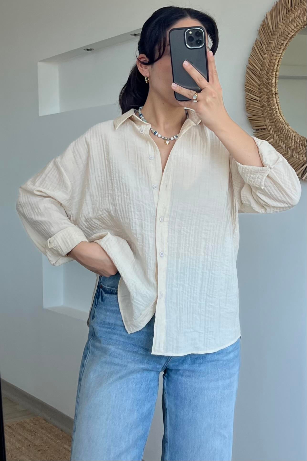 Taş Rengi Dokulu Oversize Gömlek uygun fiyatlarda www.butikhola.com adresinde
