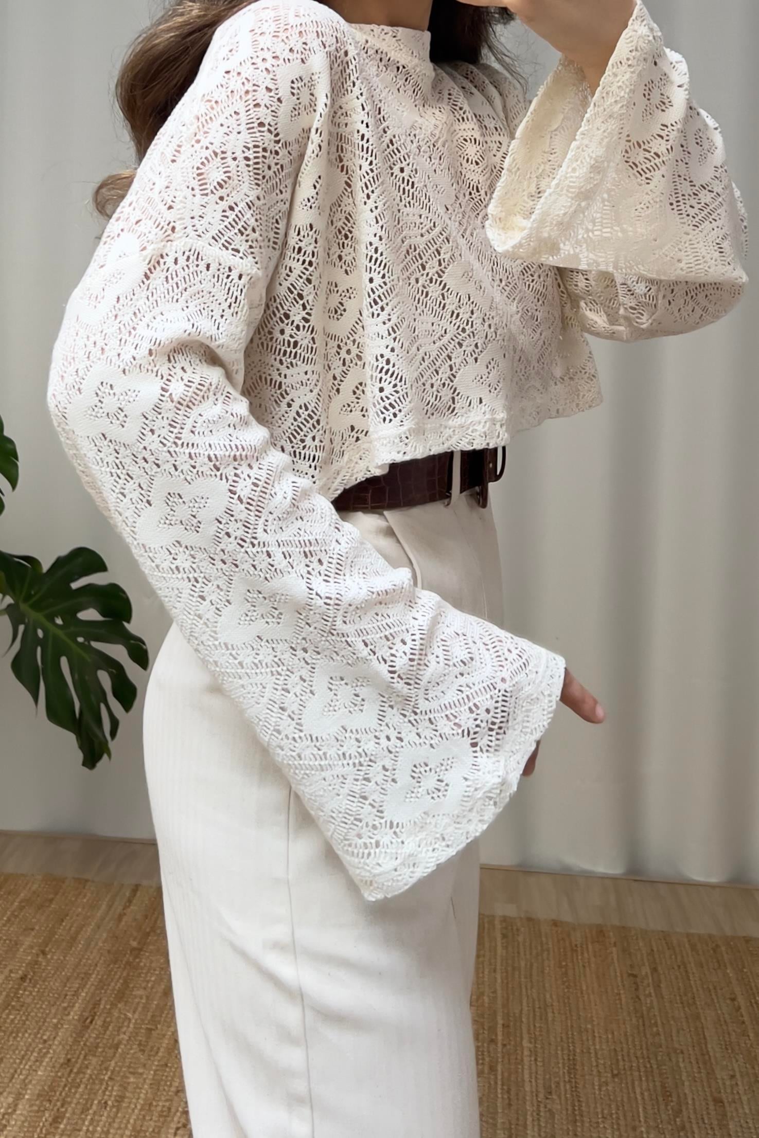 Taş Rengi Etnik Örgü Crop Bluz  uygun fiyatlarda www.butikhola.com adresinde