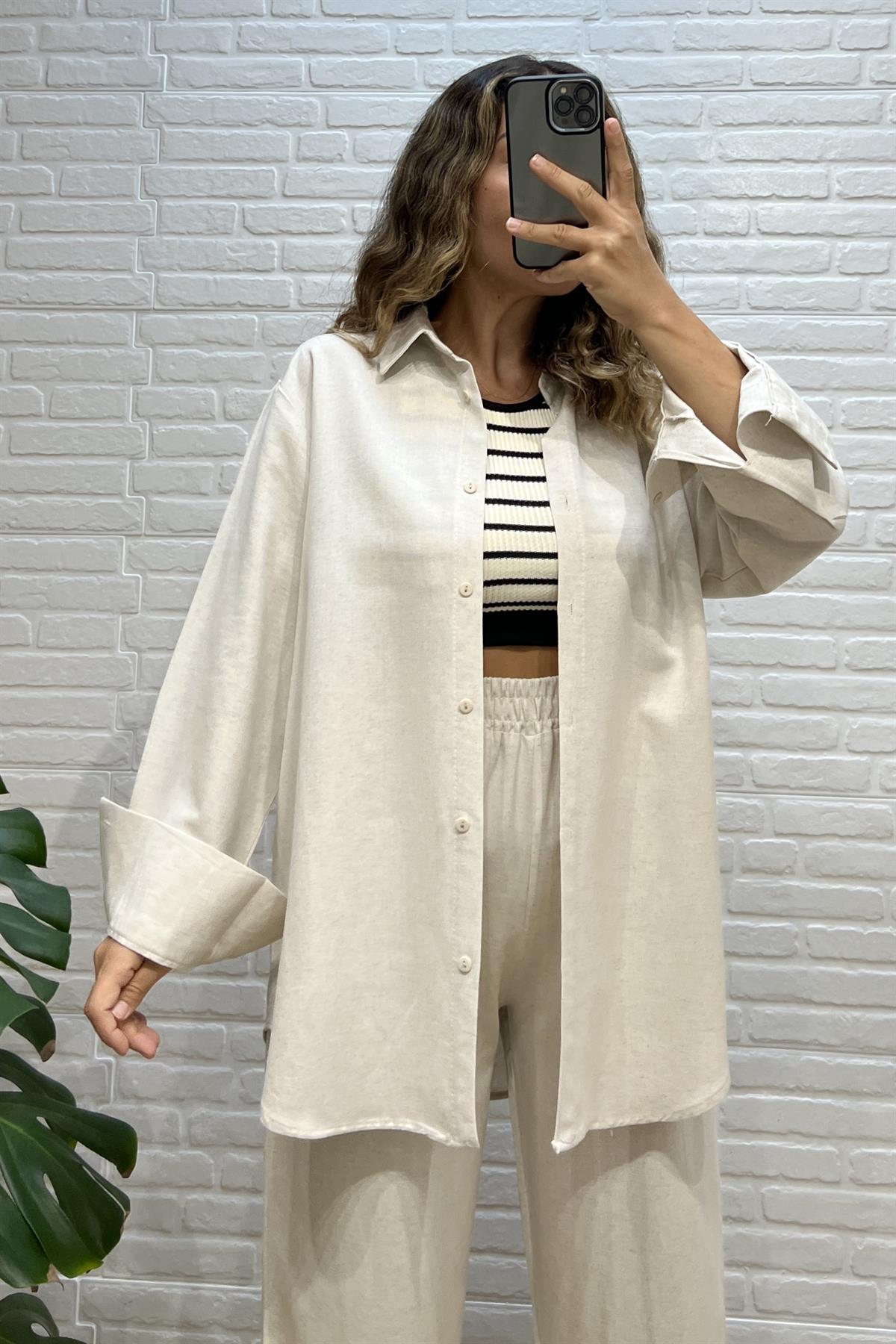 Taş Rengi Keten Gömlek uygun fiyatlarda www.butikhola.com adresinde