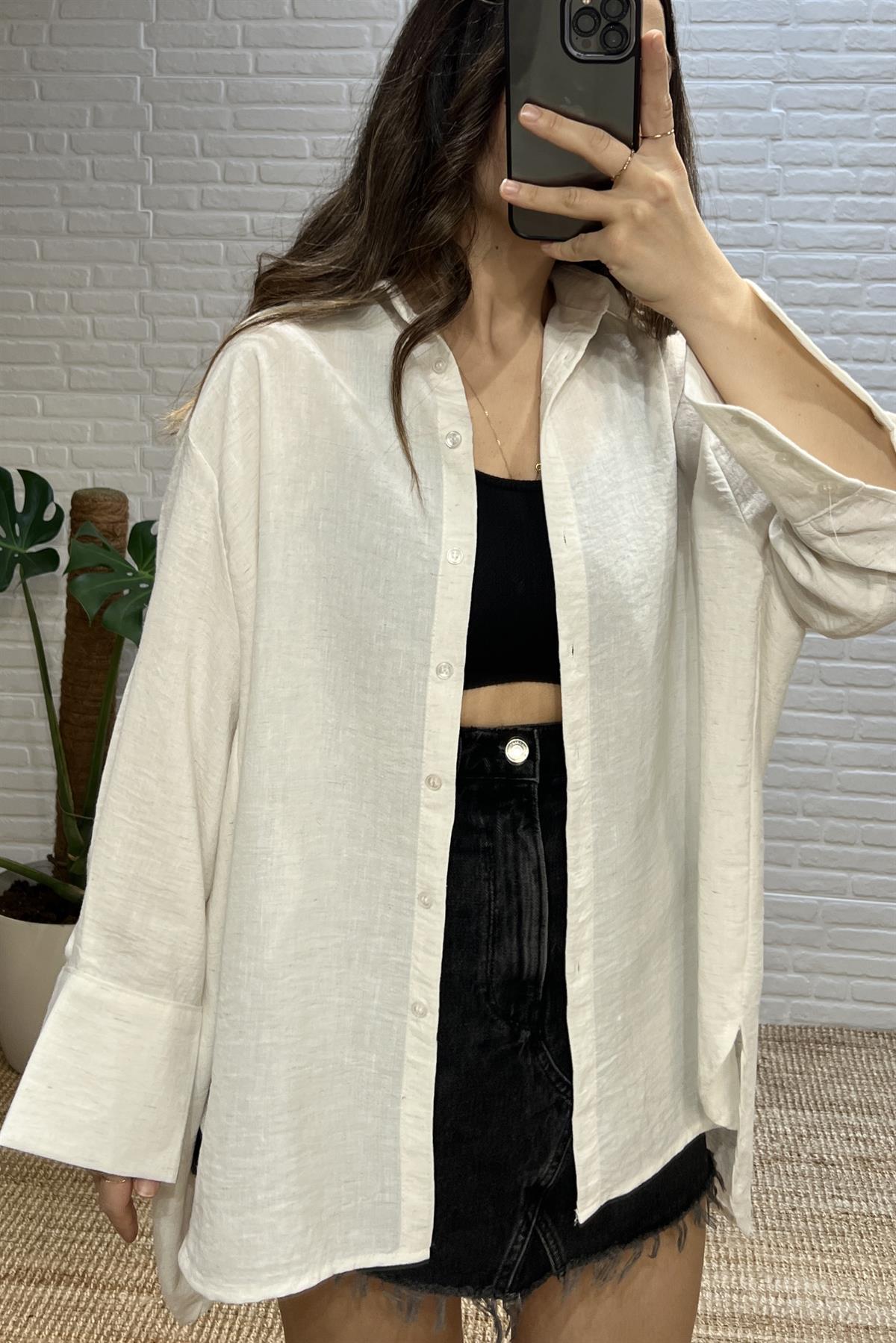Taş Rengi Oversize Keten Gömlek uygun fiyatlarda www.butikhola.com adresinde