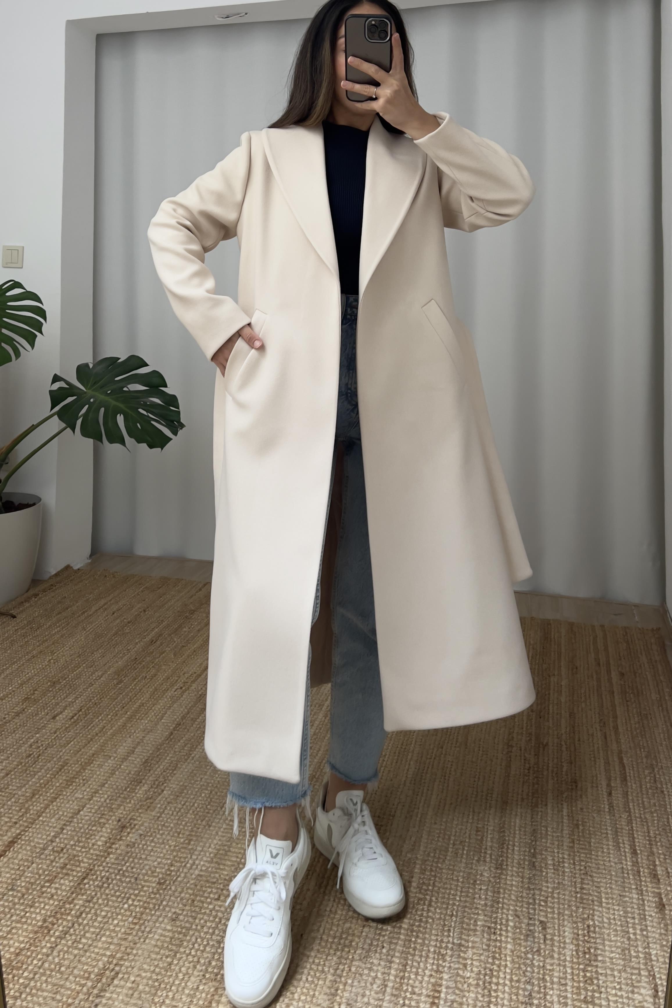 Taş Rengi Şal Yaka Kuşaklı Kaban uygun fiyatlarda www.butikhola.com adresinde