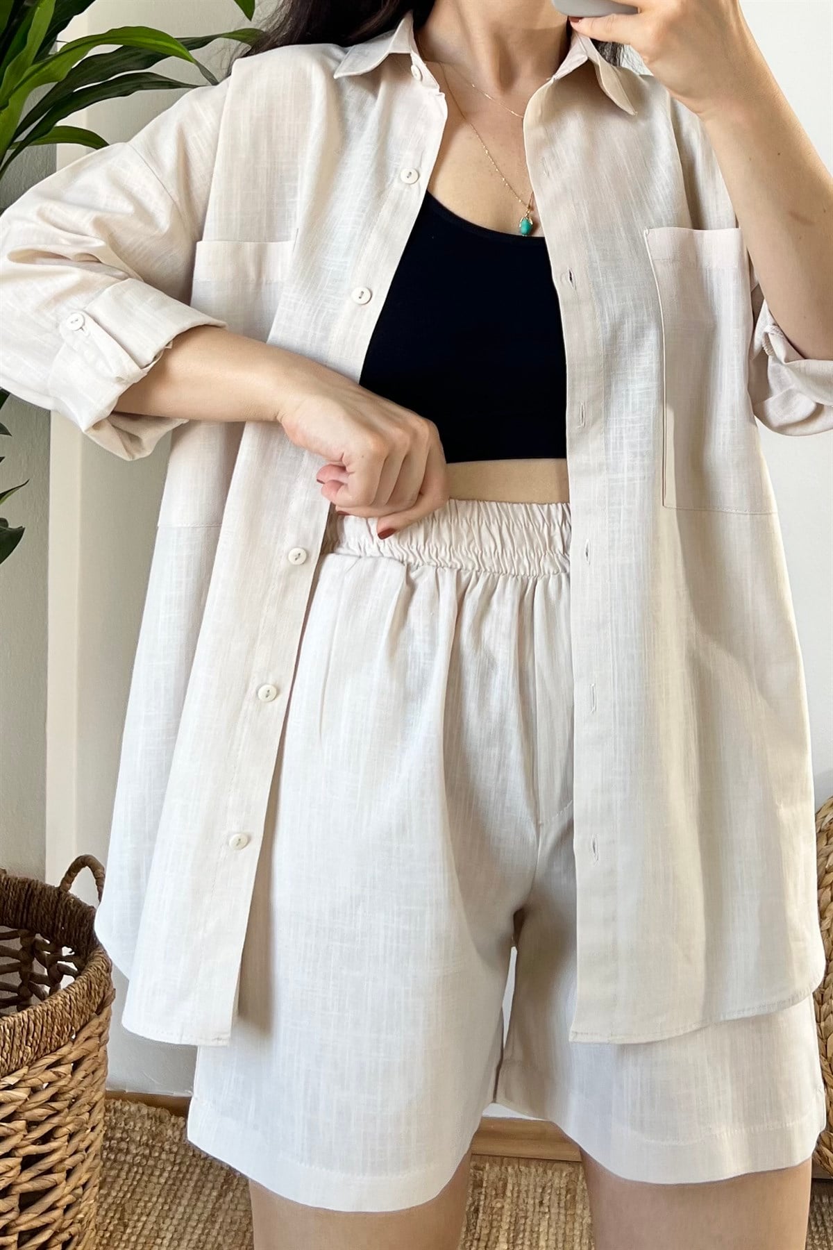 Taş Rengi Şort Gömlek Keten Takım uygun fiyatlarda www.butikhola.com adresinde