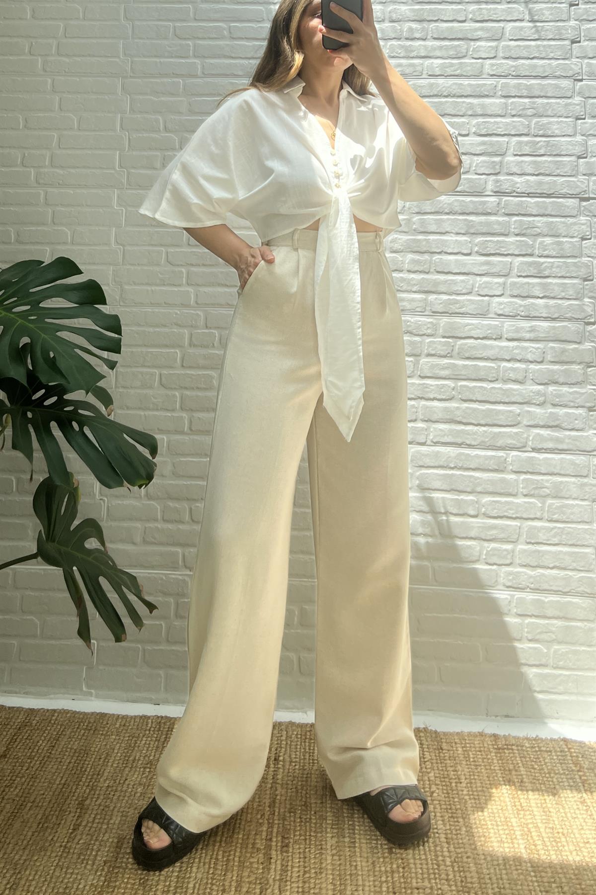 Taş Rengi Yüksel Bel Keten Pantolon uygun fiyatlarda www.butikhola.com adresinde
