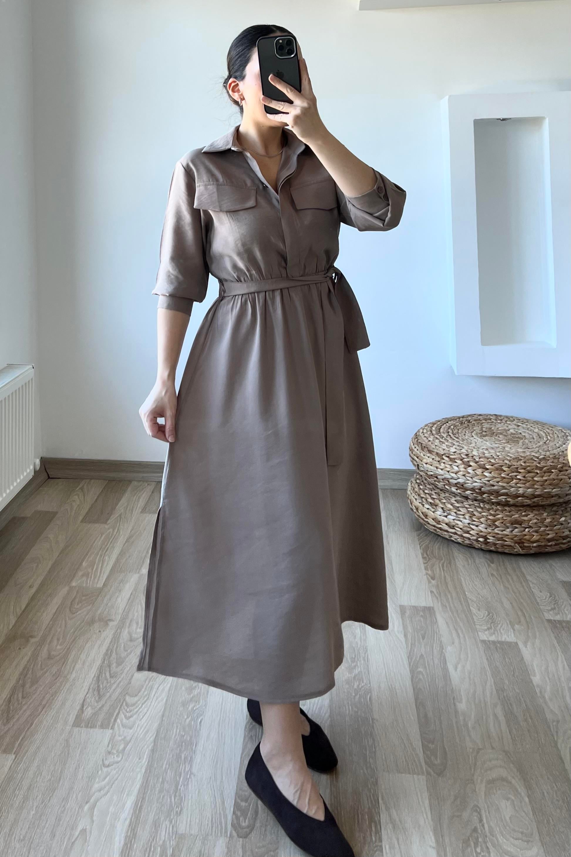 Vizon Beli Lastikli Modal Kumaş Gömlek Elbise uygun fiyatlarda www.butikhola.com adresinde