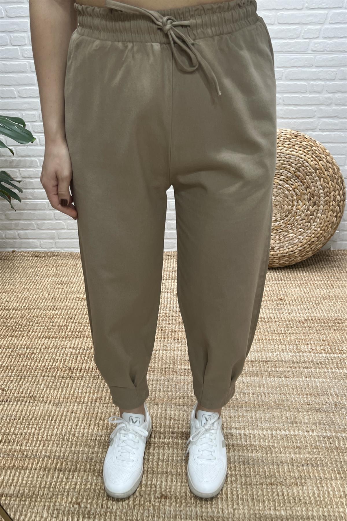 Vizon Beli Lastikli Paçası Pileli Gabardin Pantolon uygun fiyatlarda www.butikhola.com adresinde