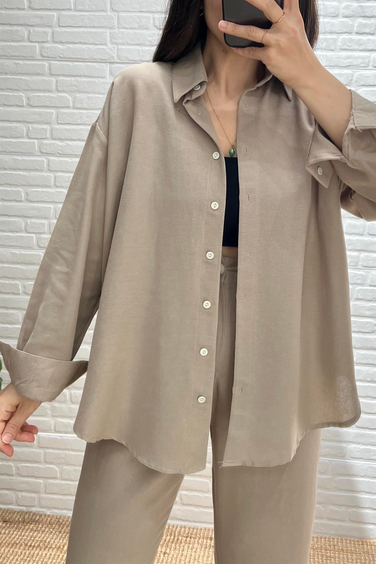 Vizon Sedef Düğmeli Keten  Gömlek uygun fiyatlarda www.butikhola.com adresinde
