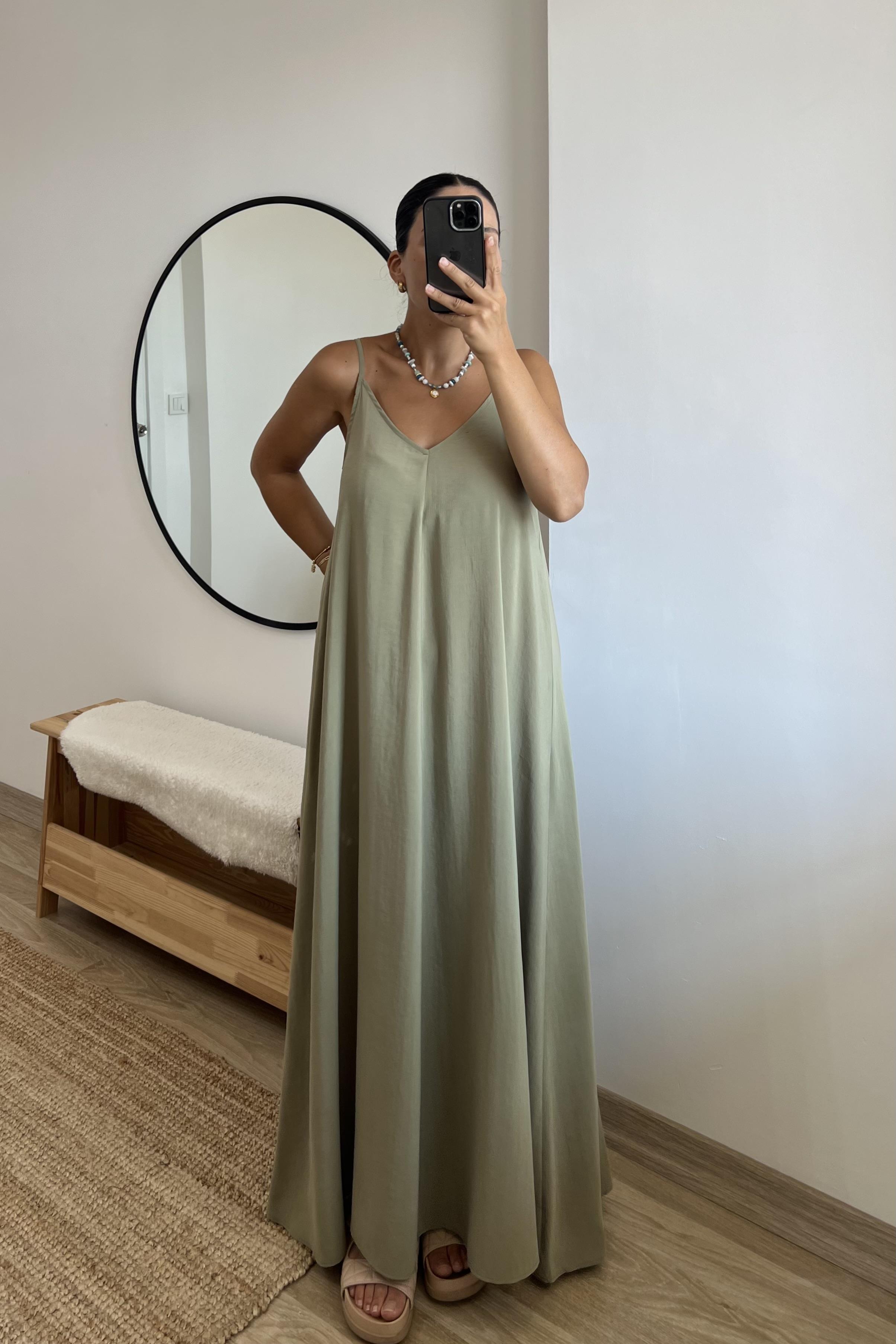 Yağ Yeşili Ayarlanabilir Askılı Modal Elbise uygun fiyatlarda www.butikhola.com adresinde