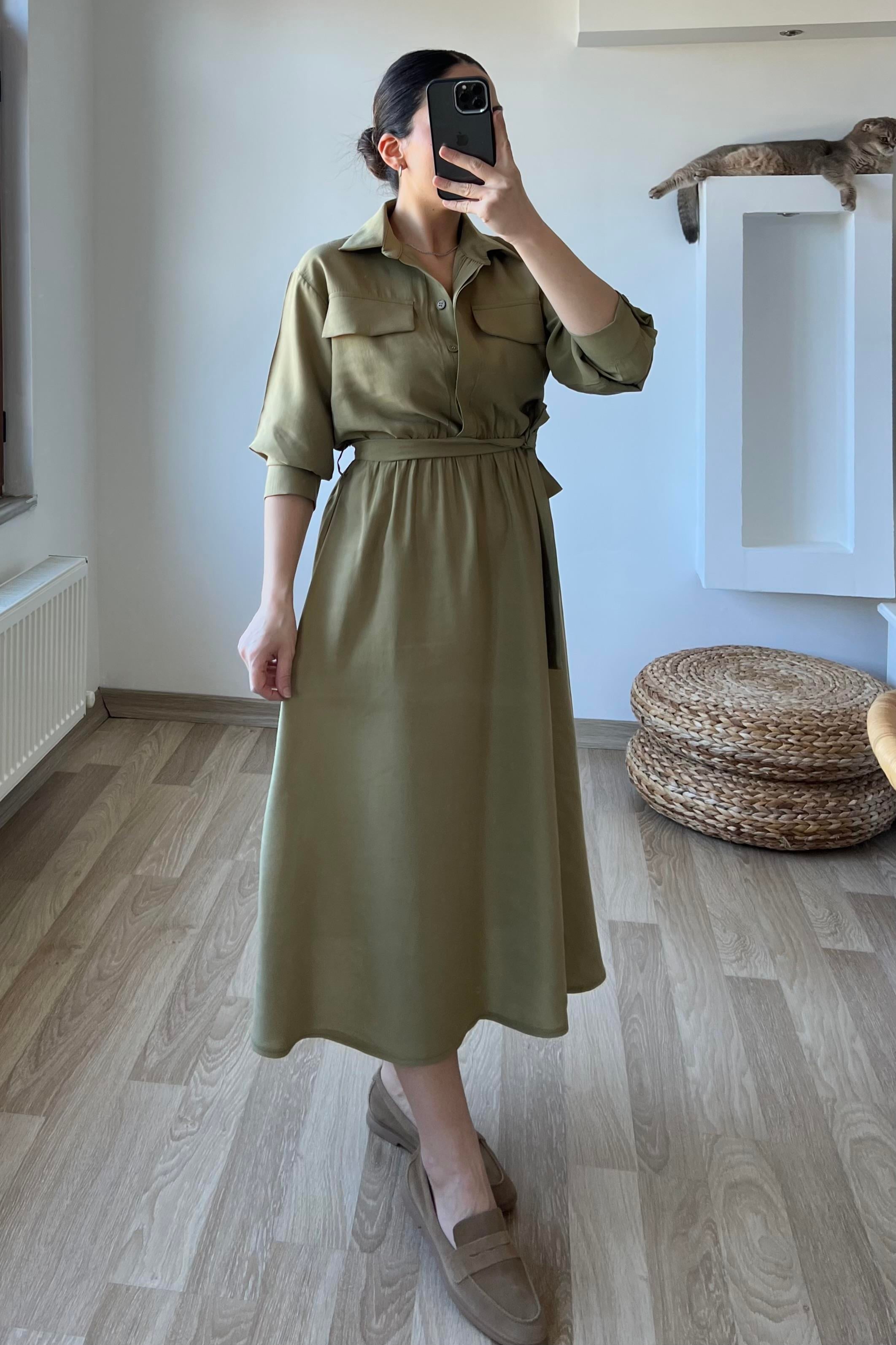 Yağ Yeşili Beli Lastikli Modal Kumaş Gömlek Elbise uygun fiyatlarda www.butikhola.com adresinde