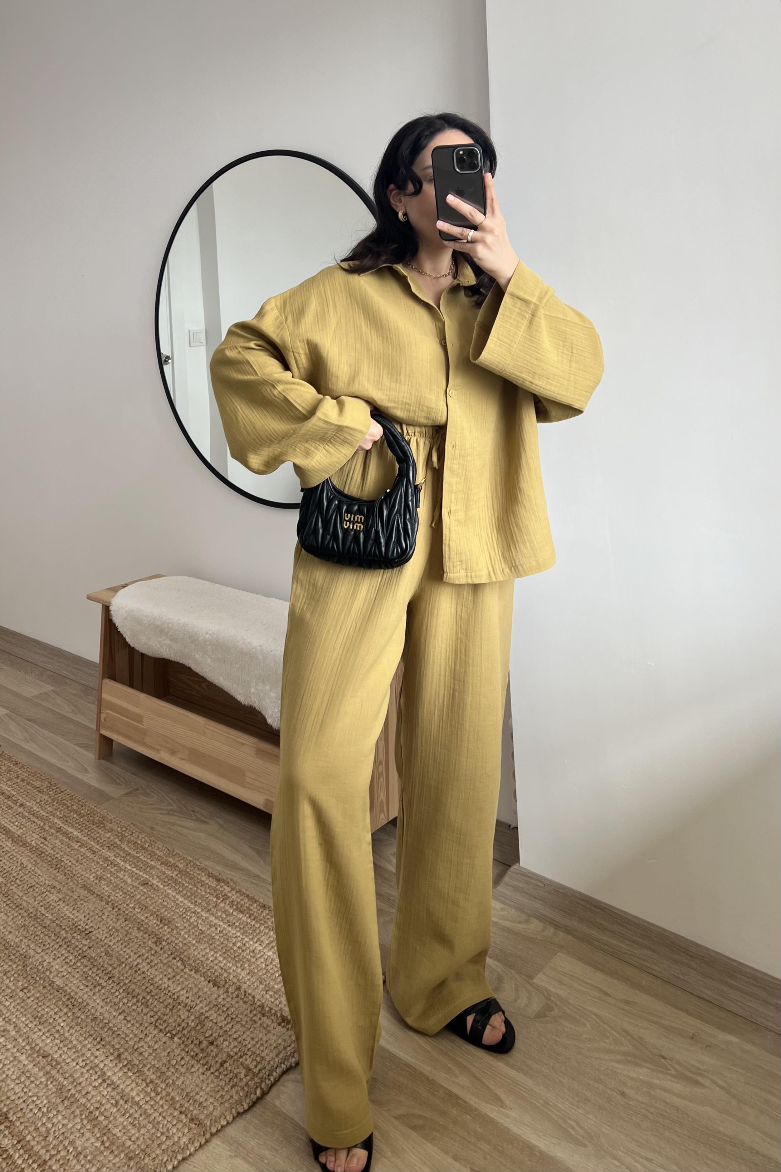 Yağ Yeşili Müslin Gömlek Pantolon Takım uygun fiyatlarda www.butikhola.com adresinde