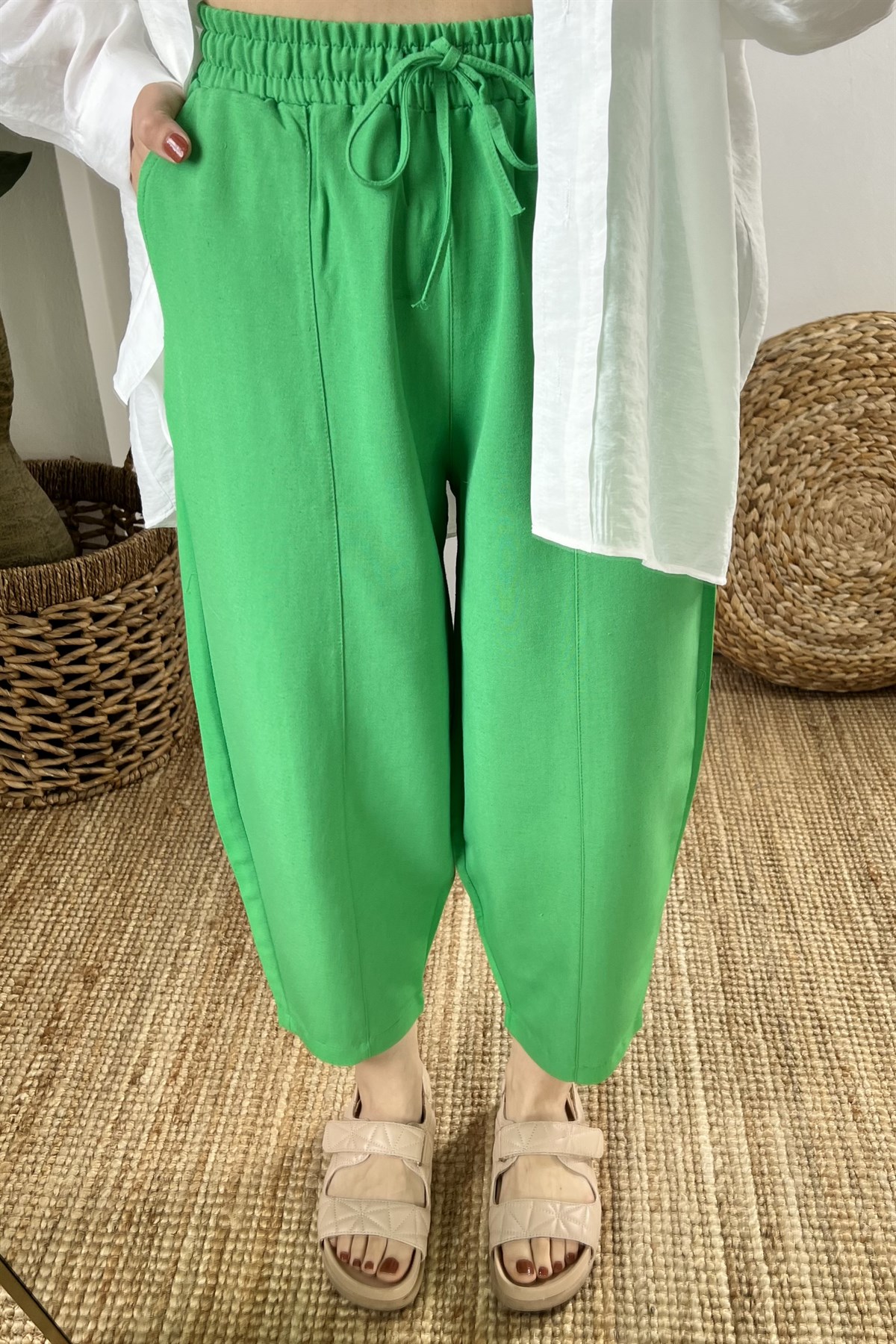 Yeşil Beli Lastikli Keten Şalvar Pantolon uygun fiyatlarda www.butikhola.com adresinde