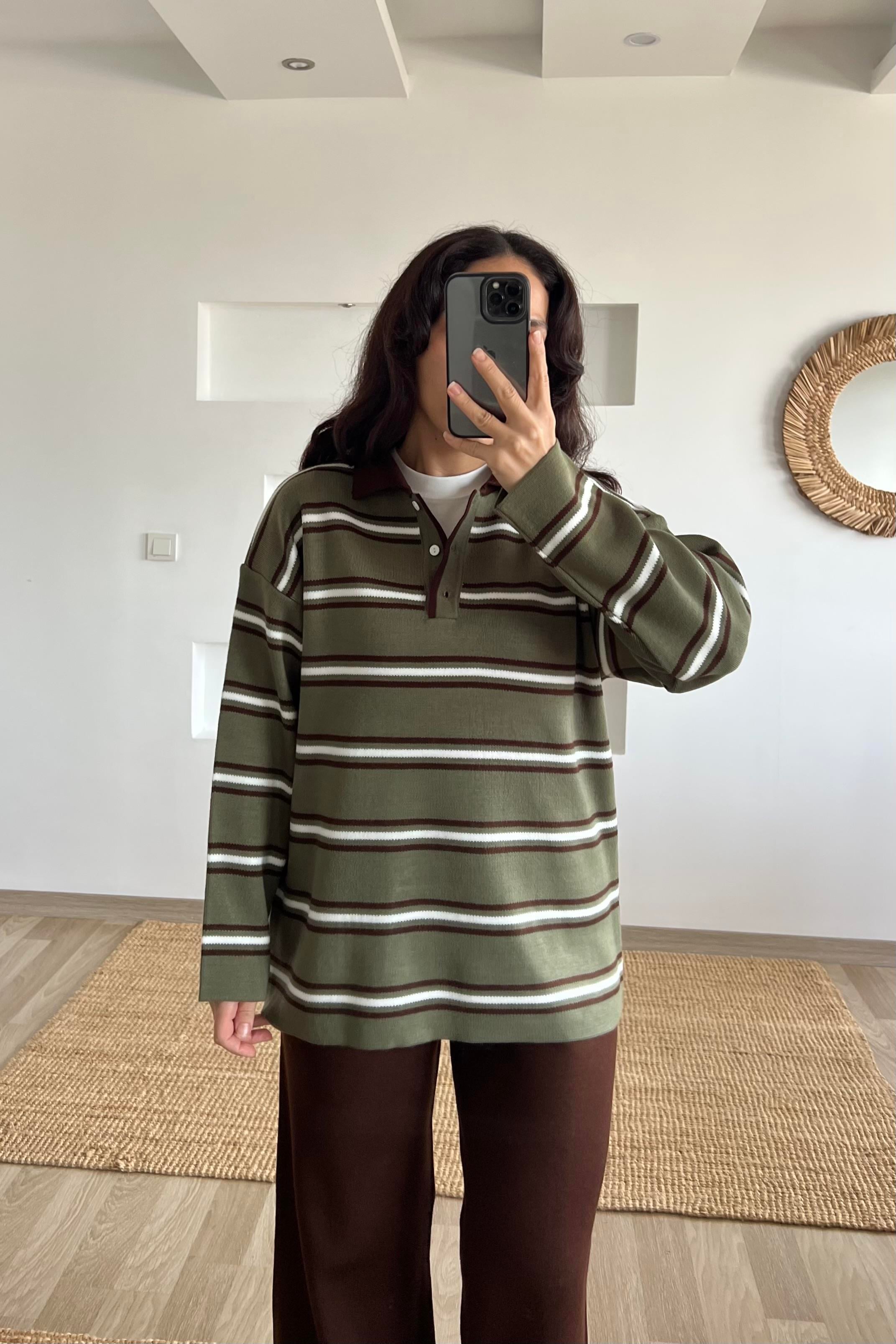 Yeşil Çizgili Polo Yaka Kazak uygun fiyatlarda www.butikhola.com adresinde