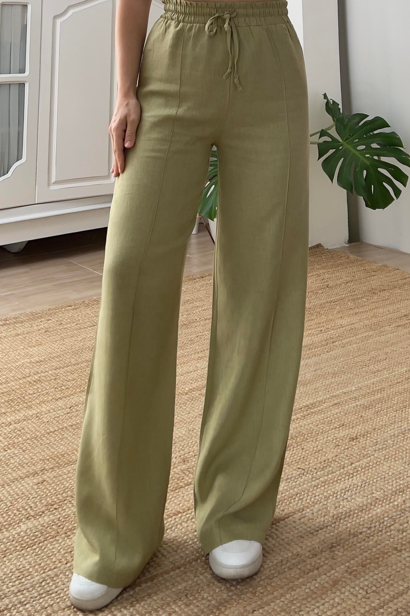 Yeşil Keten Beli İpli Palazzo Pantolon uygun fiyatlarda www.butikhola.com adresinde