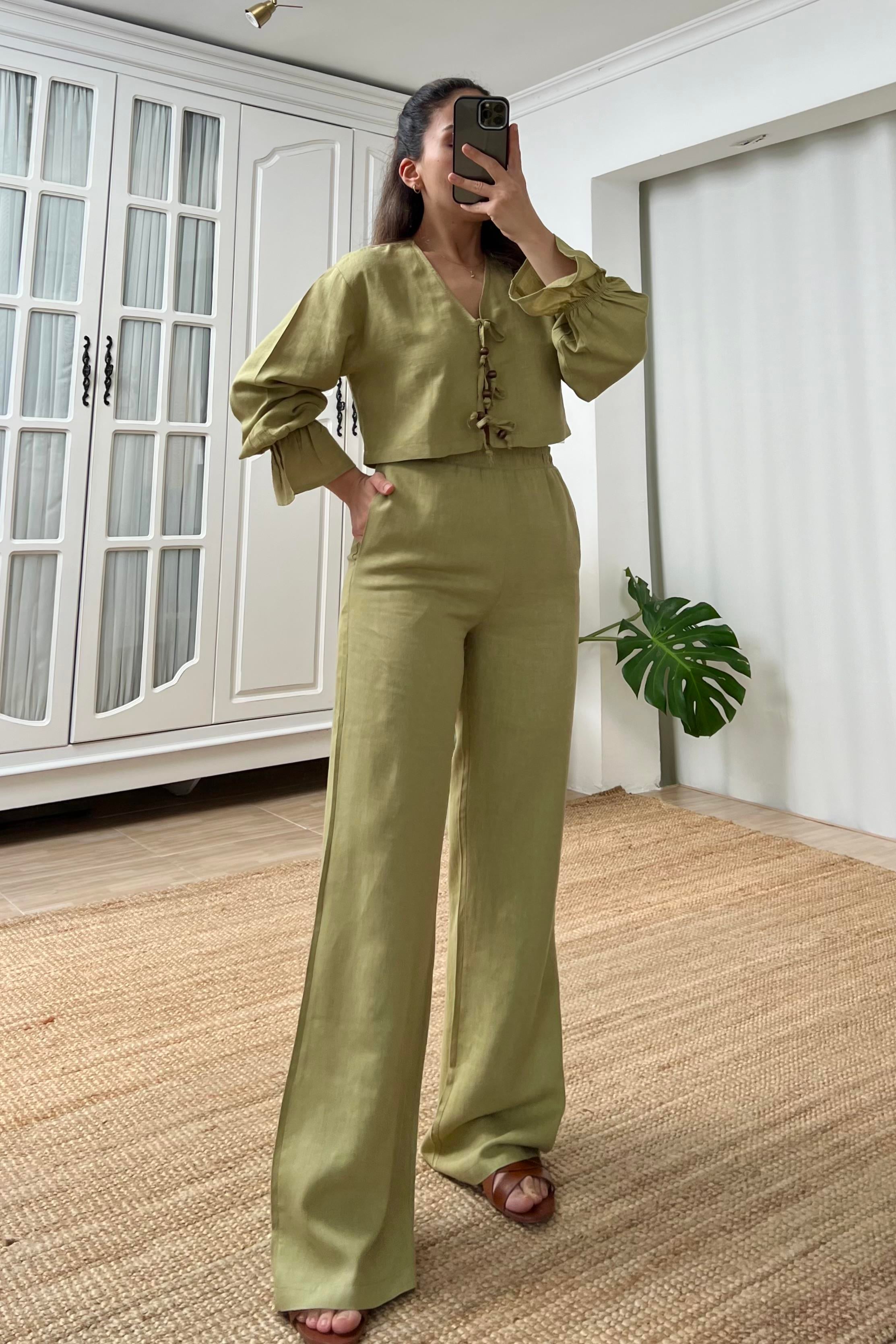 Yeşil Keten Bohem Bluz Pantolon Takım uygun fiyatlarda www.butikhola.com adresinde