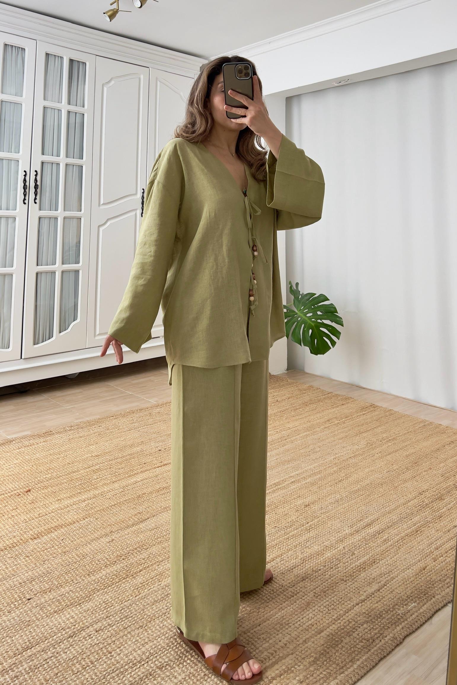 Yeşil Keten Kimono Pantolon Bohem Takım uygun fiyatlarda www.butikhola.com adresinde