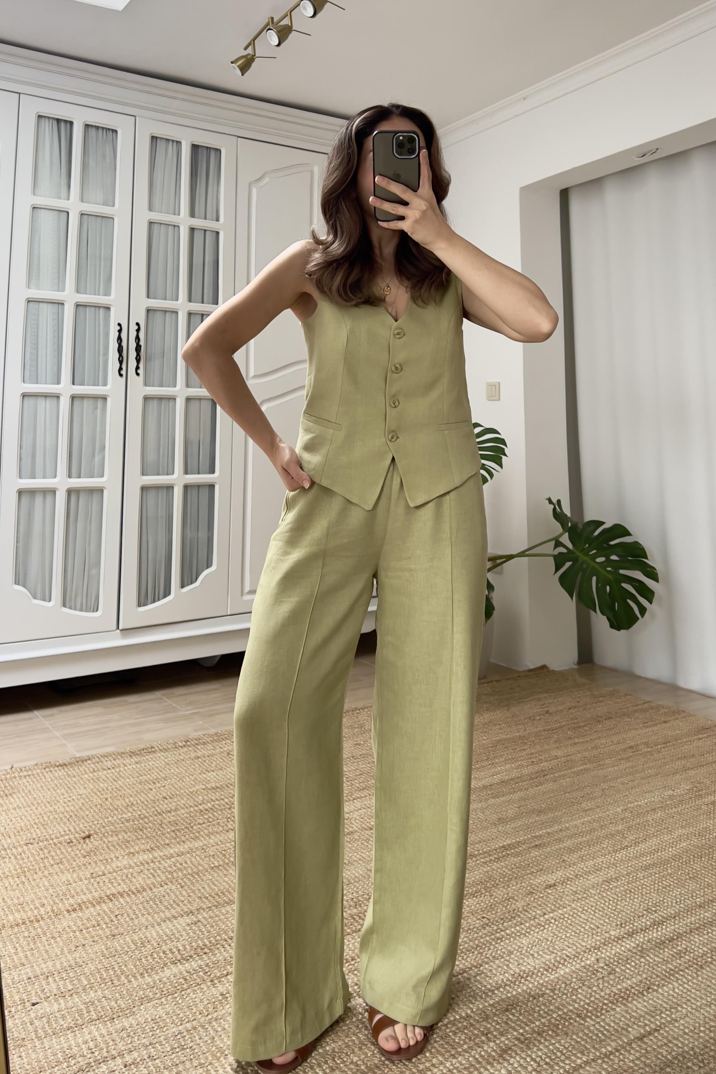 Yeşil Keten Yelek Pantolon Takım uygun fiyatlarda www.butikhola.com adresinde