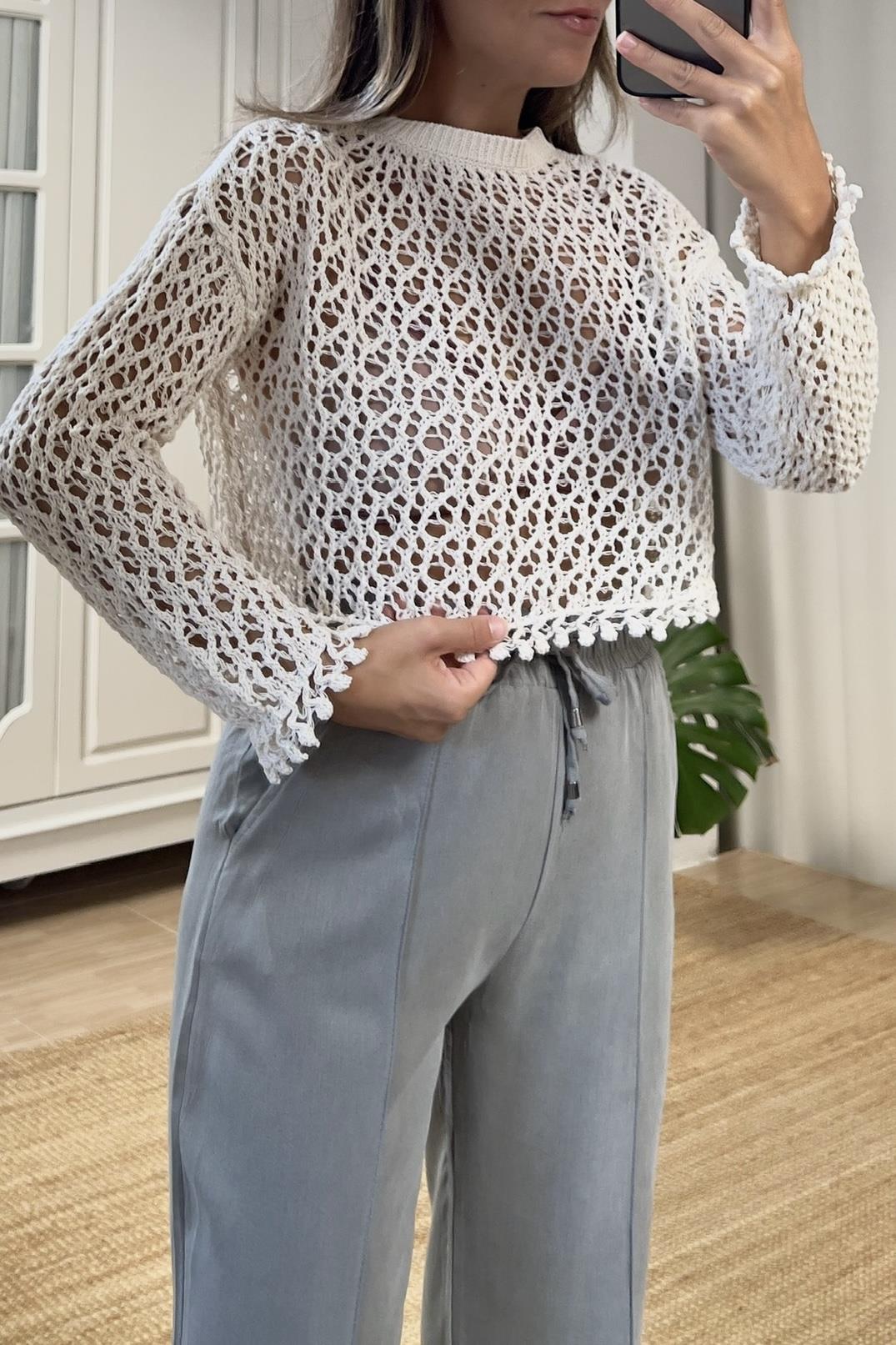 Zr Ajurlu Ponpon Detaylı Triko Bluz  uygun fiyatlarda www.butikhola.com adresinde