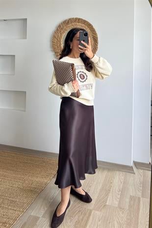 Acı Kahve Beli Lastikli Saten Etek uygun fiyatlarda www.butikhola.com adresinde