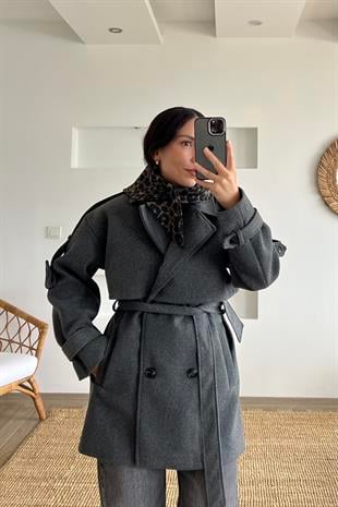 Antrasit Kuşaklı Ara Boy Kaşe Kaban uygun fiyatlarda www.butikhola.com adresinde