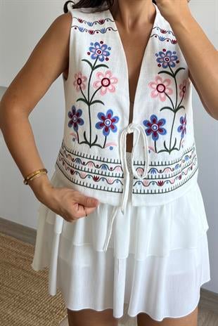 Bağlama Detaylı Nakışlı Yelek uygun fiyatlarda www.butikhola.com adresinde