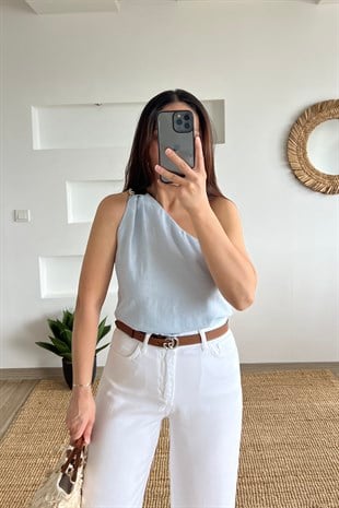Bebe Mavisi Tek Omuz Taşlı Tensel BLuz uygun fiyatlarda www.butikhola.com adresinde