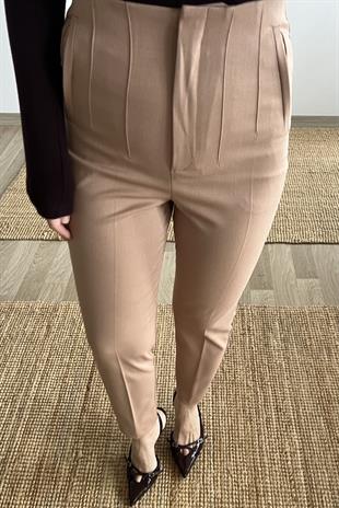 Bej Yüksek Bel Dikiş Detaylı Pantolon uygun fiyatlarda www.butikhola.com adresinde