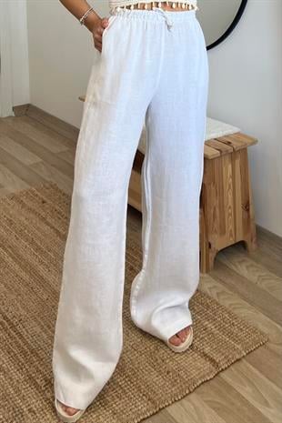 Beyaz Beli İpli Ham Keten Comfort Pantolon uygun fiyatlarda www.butikhola.com adresinde
