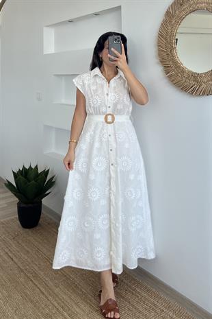 Beyaz Çiçek Motifli Astarlı Fisto Elbise uygun fiyatlarda www.butikhola.com adresinde