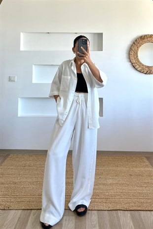 Beyaz Dökümlü Tensel Gömlek Pantolon Takım uygun fiyatlarda www.butikhola.com adresinde