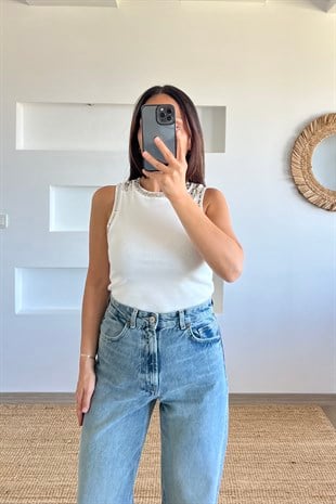 Beyaz Taş Çakımlı Fitilli Kolsuz Tshirt uygun fiyatlarda www.butikhola.com adresinde