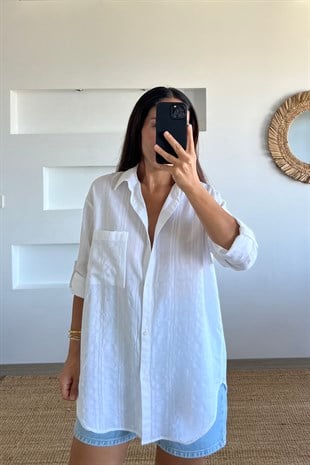 Beyaz Uzun Dokulu Gömlek uygun fiyatlarda www.butikhola.com adresinde