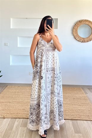Boncuk Detaylı Eteği püsküllü elbise uygun fiyatlarda www.butikhola.com adresinde