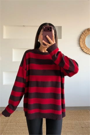Bordo Çizgili Oversize Kazak uygun fiyatlarda www.butikhola.com adresinde