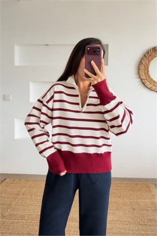 Bordo Çizgili Yarım Fermuarlı Dik Yaka Kazak uygun fiyatlarda www.butikhola.com adresinde